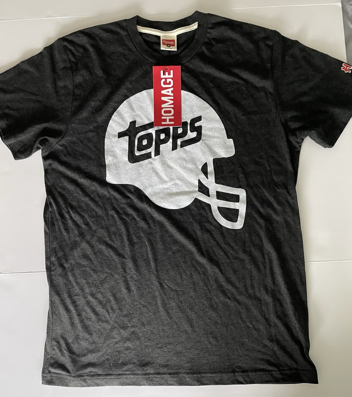 Topps Football Cards Helmet T-Shirt by Homage, Size Medium, Charcoal Gray