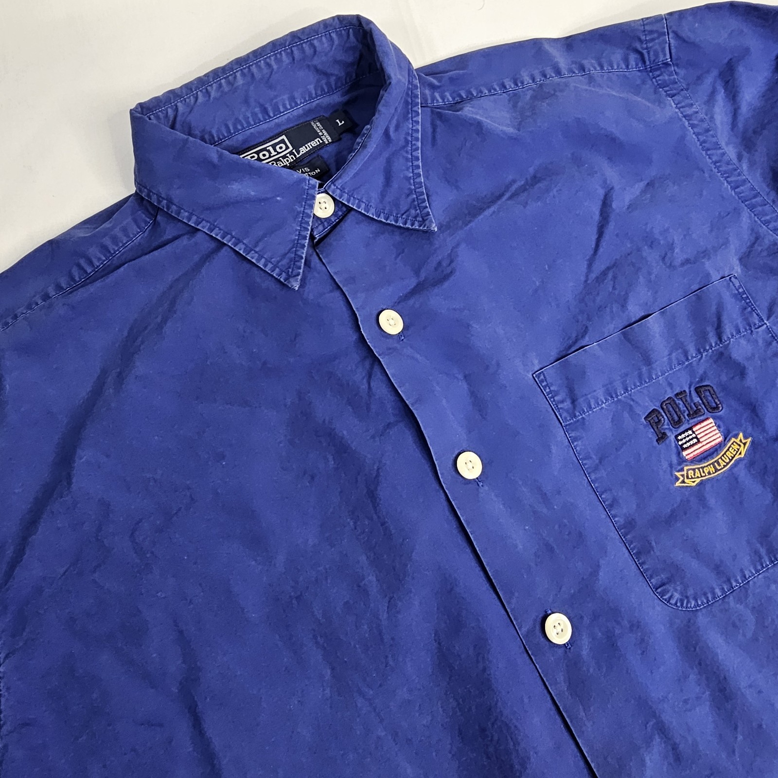 Vintage Polo Ralph Lauren Davis Shirt Large Royal Blue USA Flag Crest Logo 90s