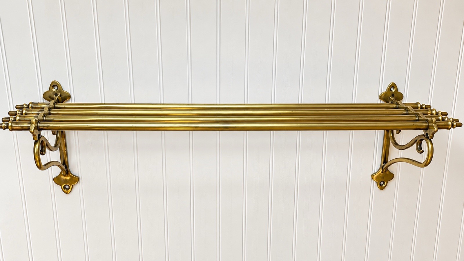 Antique Pullman Railroad Brass 30” Wall Shelf With Retaining Scrolls,  1905-1925