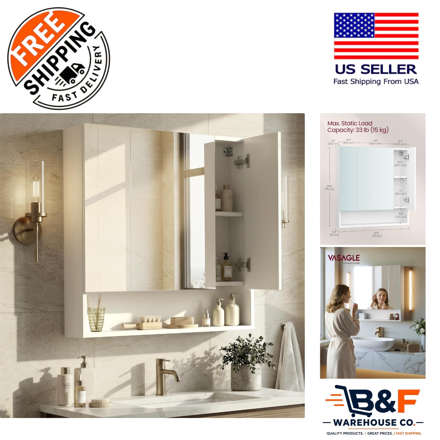 Elegant 3-Door Medicine Cabinet Mirror with Flexible Storage - Kailyn Collection