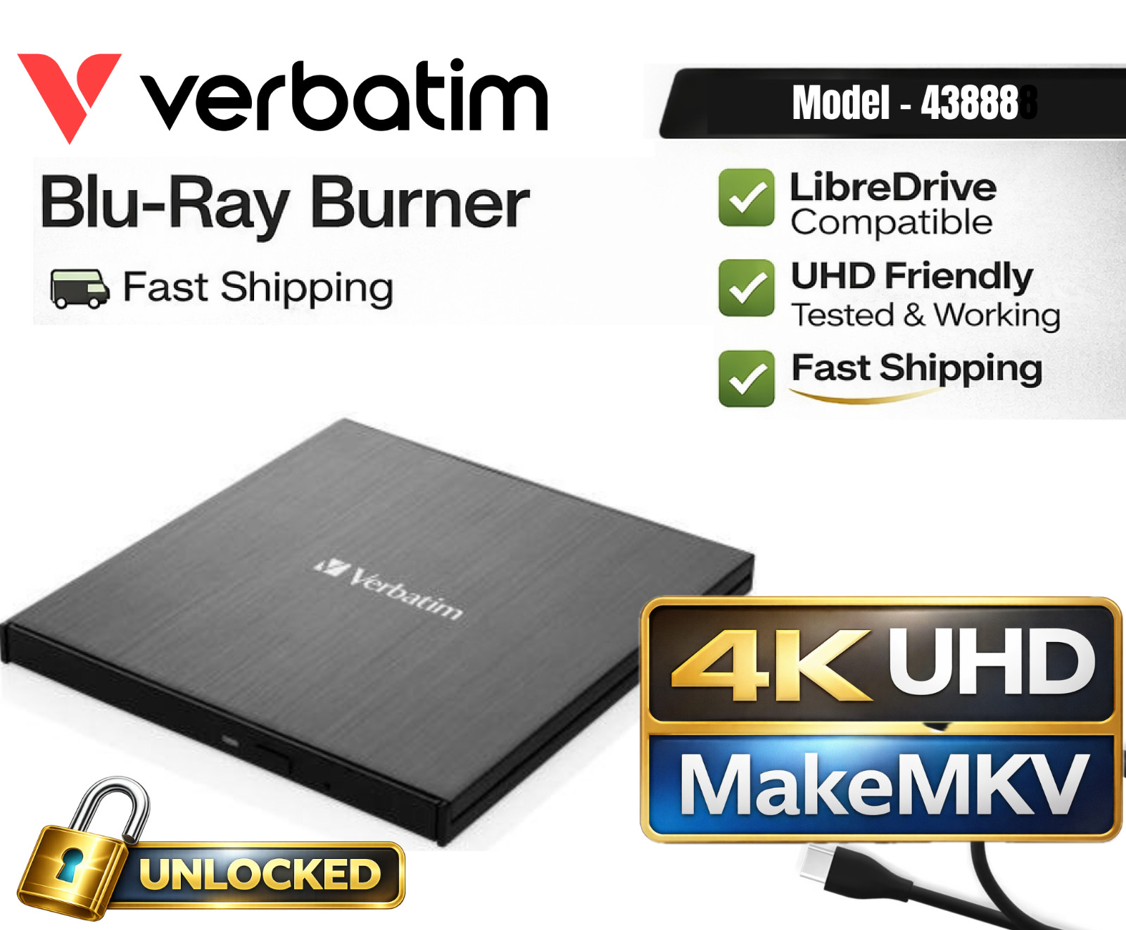 Verbatim 4K UHD Blu-Ray Burner Flashed UNLOCKED LibreDrive MakeMKV 43889 (LG)