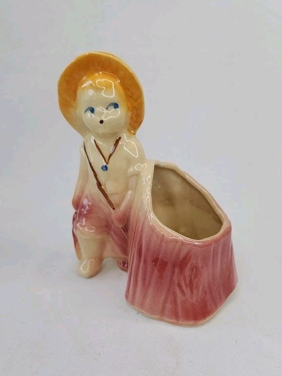 Vintage Shawnee Pottery Fisher Boy Planter 532 Tree Stump Figurine USA 1940s... Vintage Shawnee Pottery Fisher Boy Planter 532 Tree Stump Figurine USA 1940s...