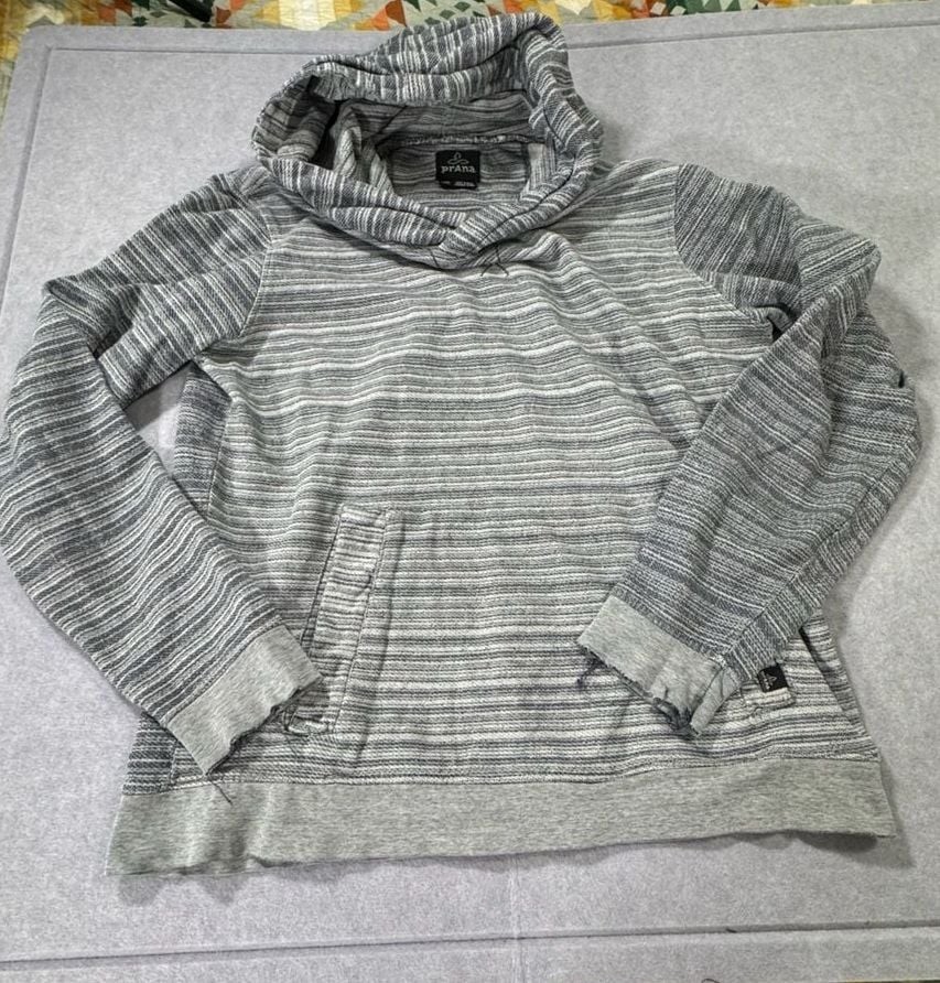 Prana Breathe Hoodie Size L Grey Striped Organic Cotton Pullover
