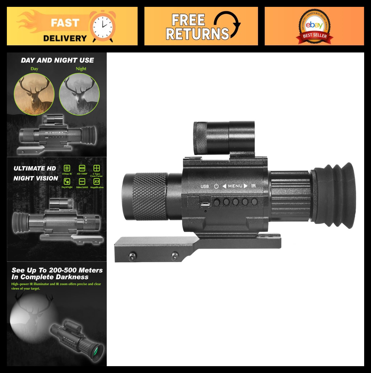 Day & Night Vision Monocular Scope 3X Magnification with 850nm IR for Hunting & Day & Night Vision Monocular Scope 3X Magnification with 850nm IR for Hunting &