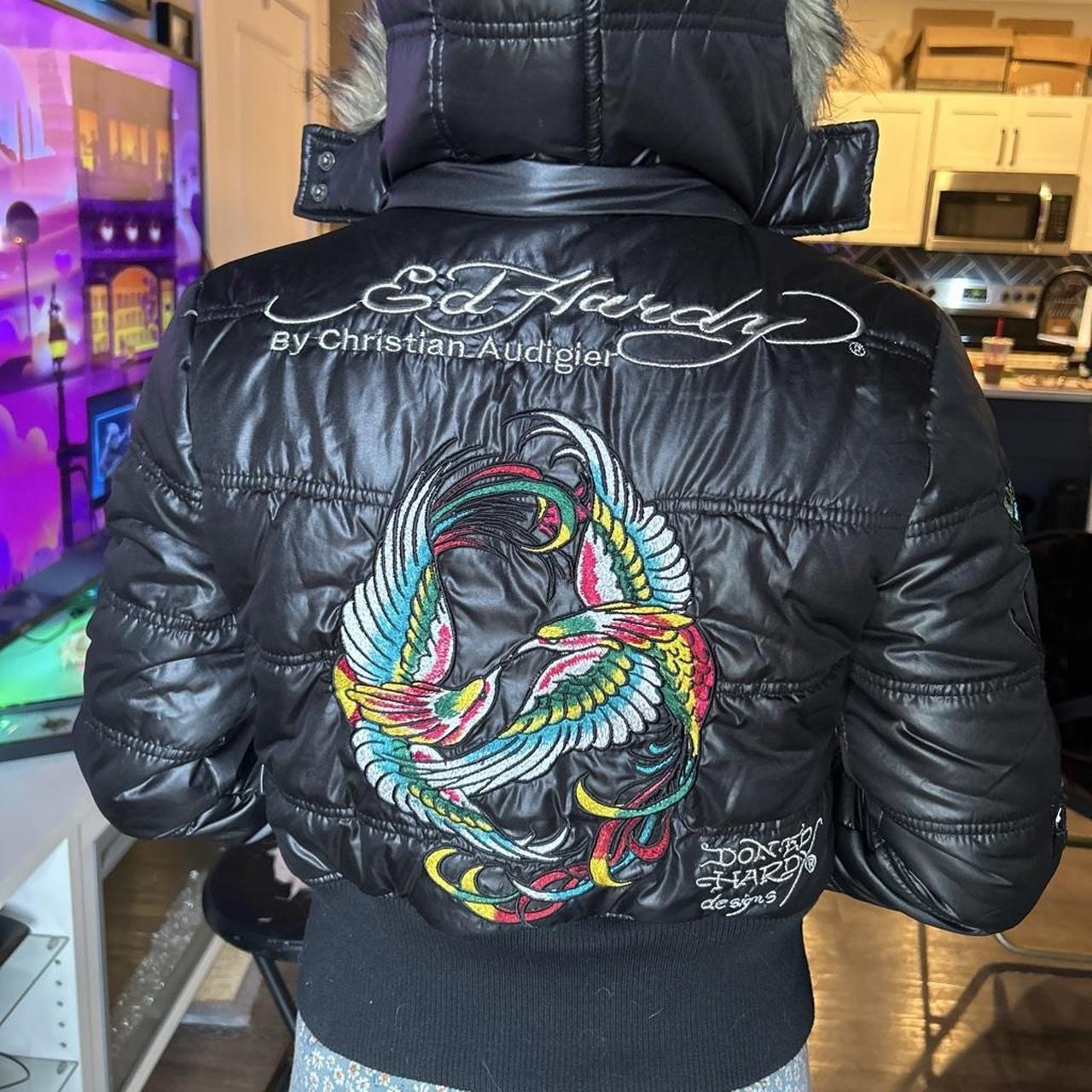 RARE Vintage Ed Hardy Christian Audigier Cropped Fur Hooded Puffer Coat