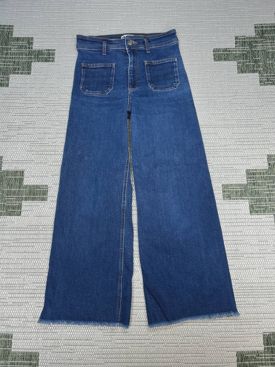Zara Marine Wide Leg Jeans Womens 8 Blue Denim High Rise Raw Hem Casual 27x27