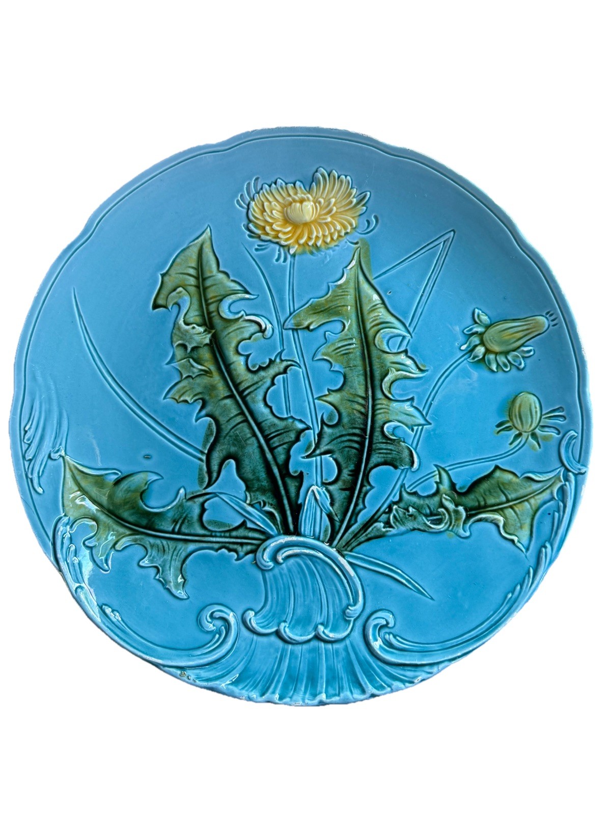 Antique GS Zell Baden Germany Art Nouveau Majolica Dandelion Plate #722 W 9\ Antique GS Zell Baden Germany Art Nouveau Majolica Dandelion Plate #722 W 9\