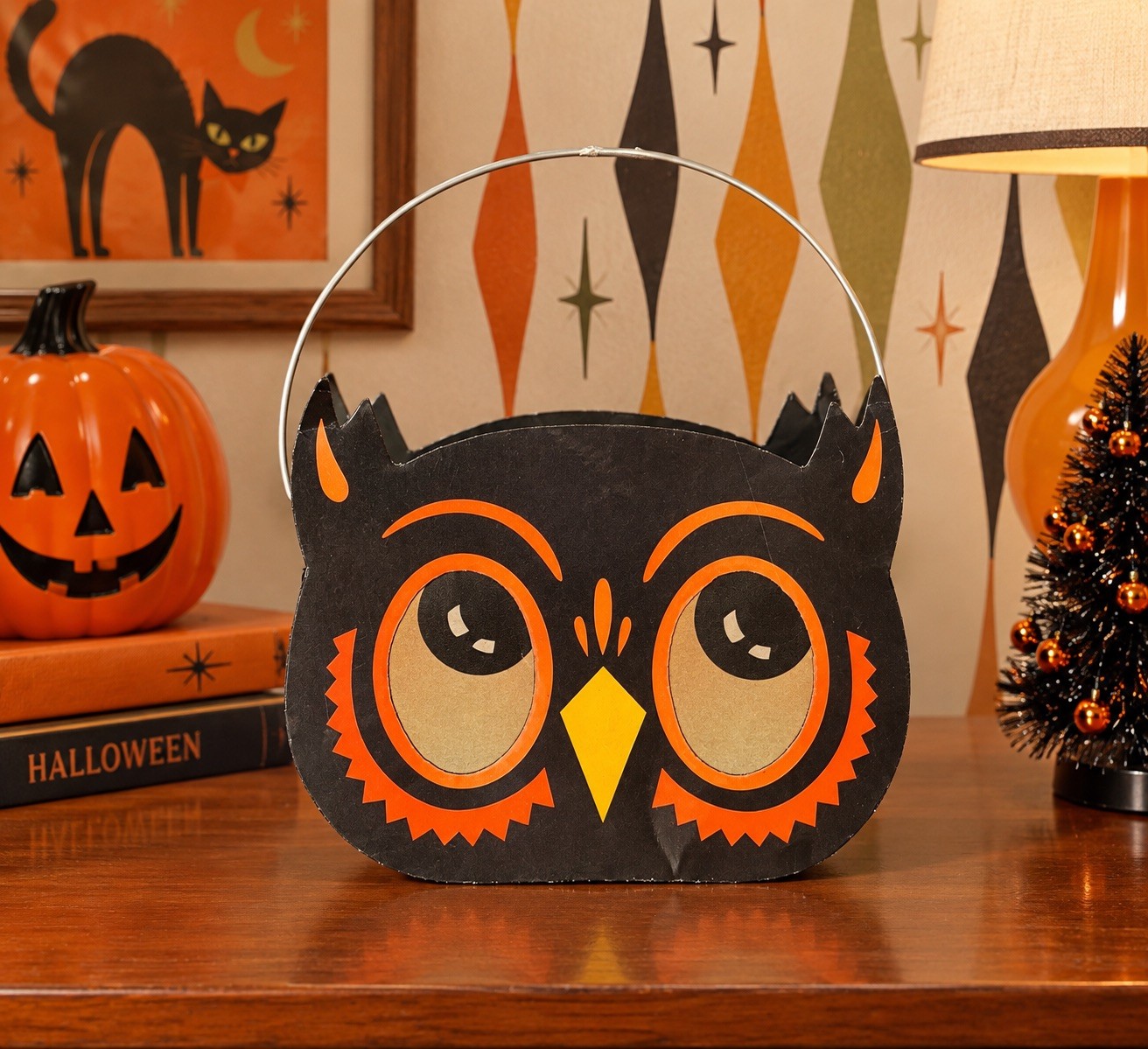  Vintage Bethany Lowe Halloween Scaredy Cat Owl Lantern Luminary metal Bucket 
