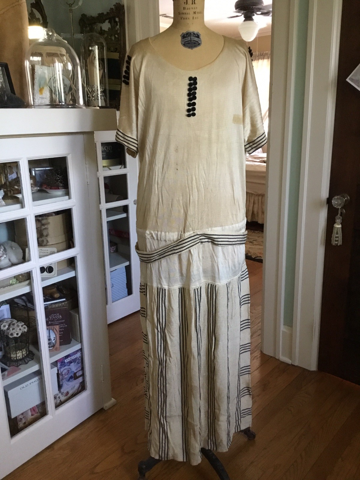 Vintage Antique 1920’s Flapper Dress Drop Waist Stripe Skirt 50 Covered Buttons