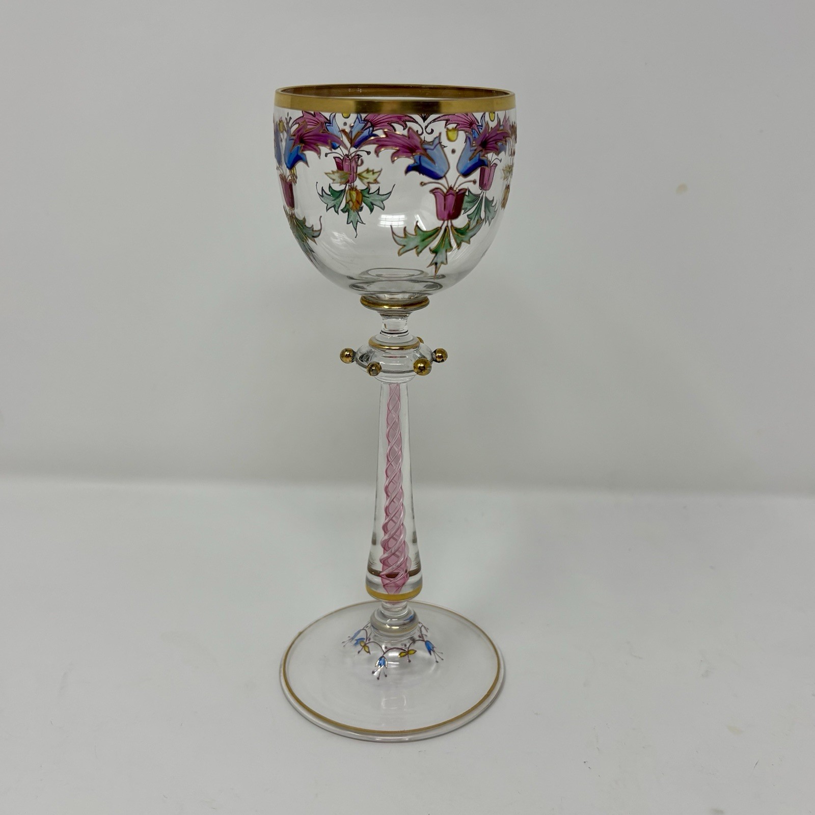 Vintage Moser Style Bohemian Art Glass Goblet Floral Enamel Pink Twisted Stem