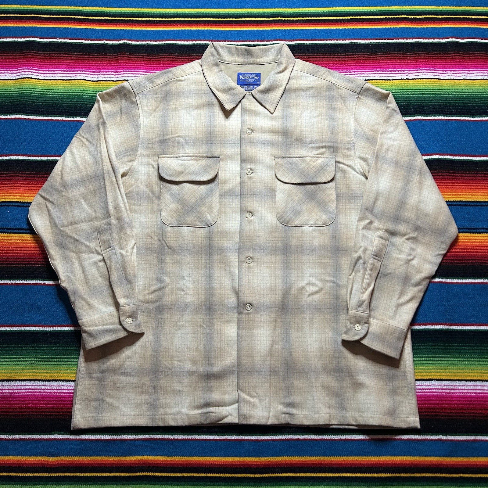 Pendleton Board Shirt Jac Men\'s Size XL Beige Plaid Wool Button Loop Collar Pendleton Board Shirt Jac Men\'s Size XL Beige Plaid Wool Button Loop Collar