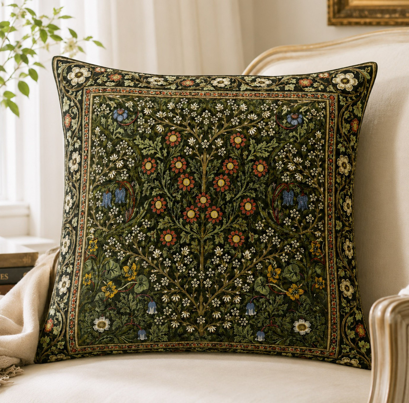 William Morris Blackthorn Woven Pillow #1 - (Blue Tulips) Arts and Crafts Floral
