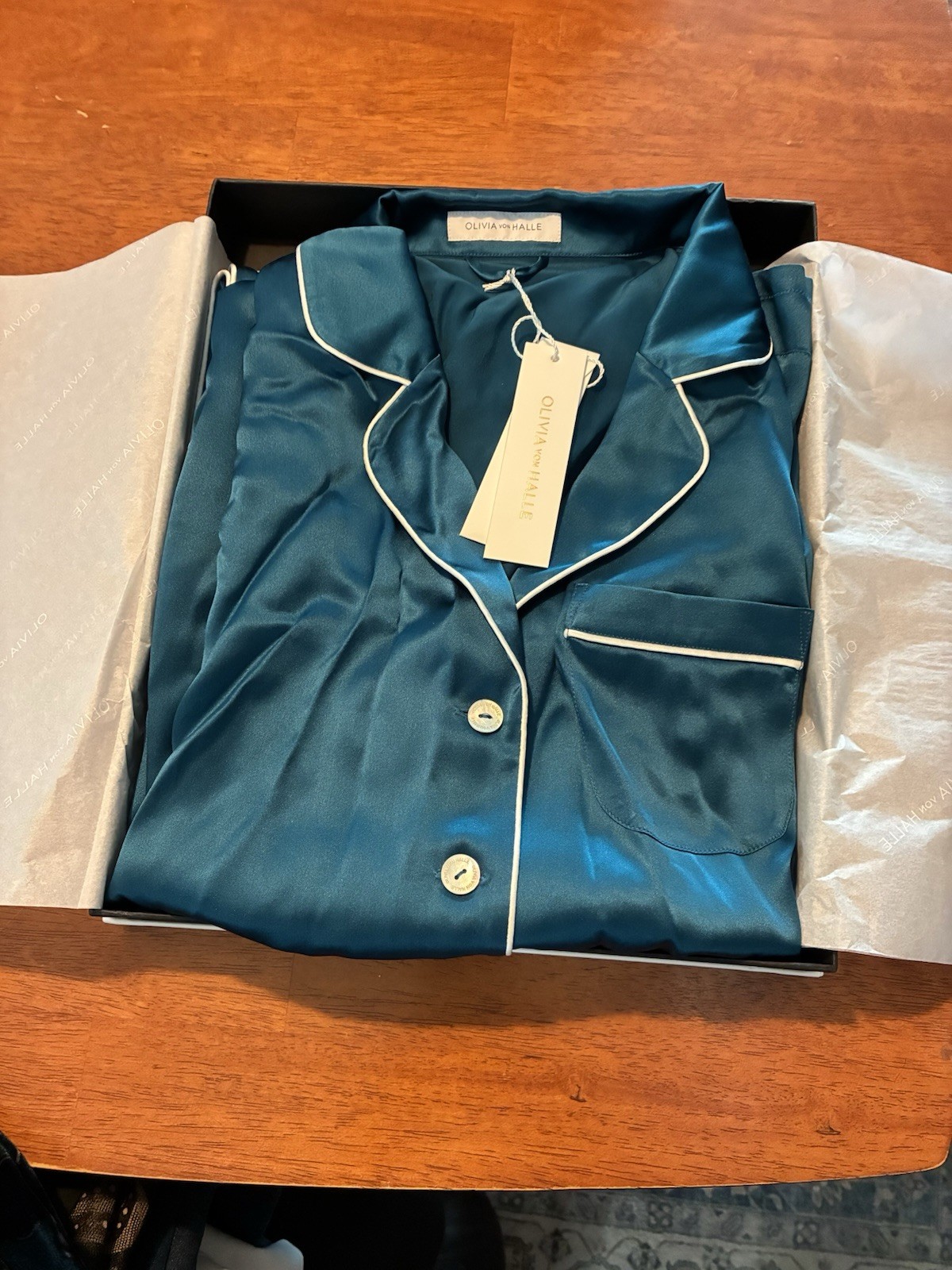 Olivia Von Halle Coco Neptune (teal) Silk Pajamas Lounge Set Sz 4/L NIB Olivia Von Halle Coco Neptune (teal) Silk Pajamas Lounge Set Sz 4/L NIB