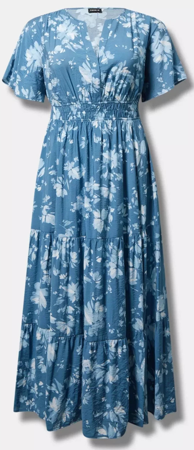 Torrid Y-Neck Tiered Maxi Dress Free Floral Blue Horizon Size 2X NWT