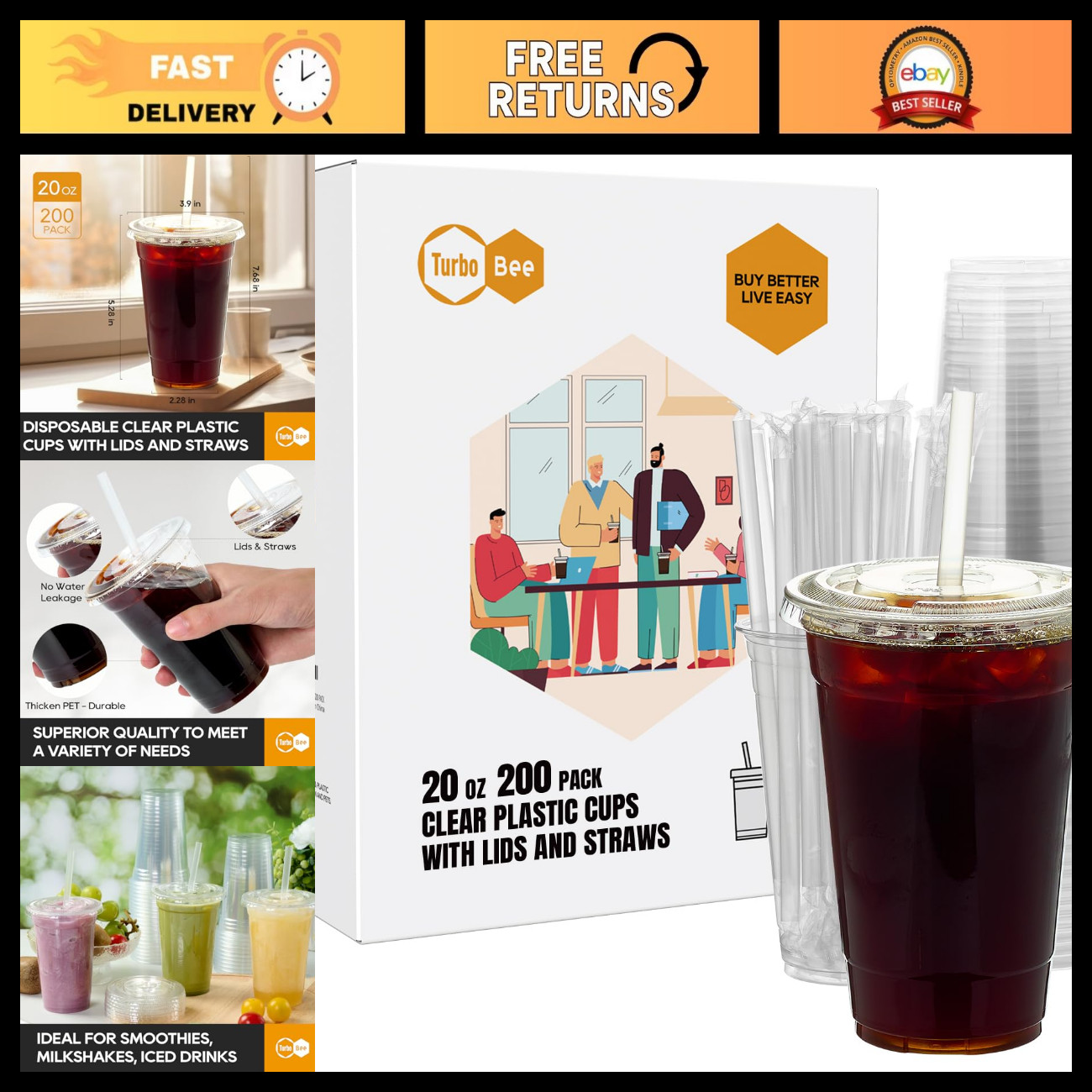 200 Sets 20 OZ Clear Disposable Plastic Cups with Lids & Straws for Cold Drinks,