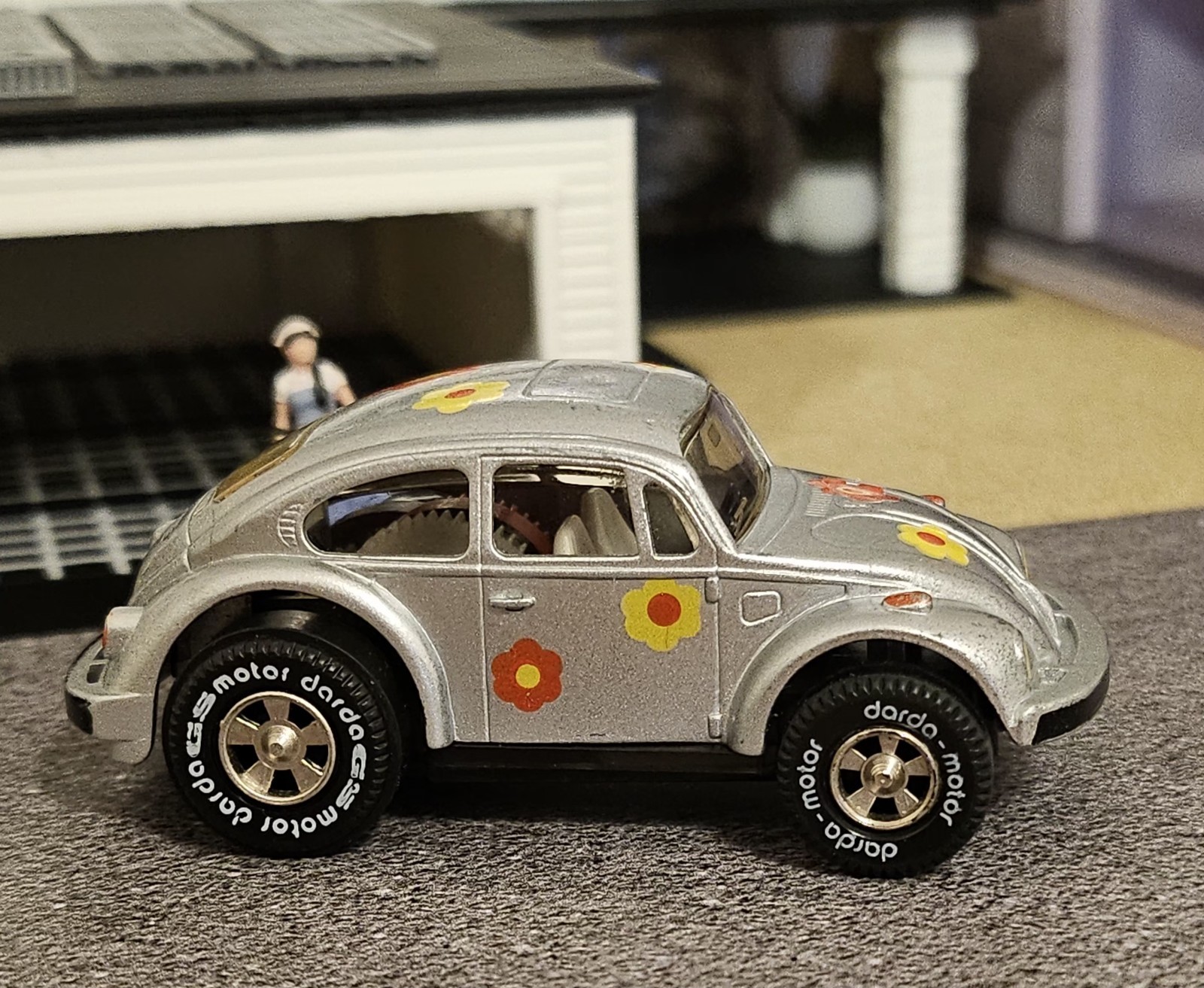  Vintage Darda Motor VW Bug Silver Flower Power Die-Cast Pull-Back Germany 🇩🇪 