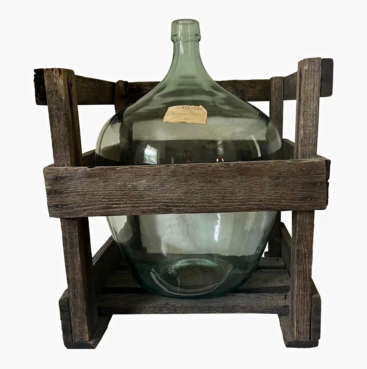 Antique French Glass Liquor Demijohn Bottle in Wooden Crate, Bordeaux 1894 Label Antique French Glass Liquor Demijohn Bottle in Wooden Crate, Bordeaux 1894 Label