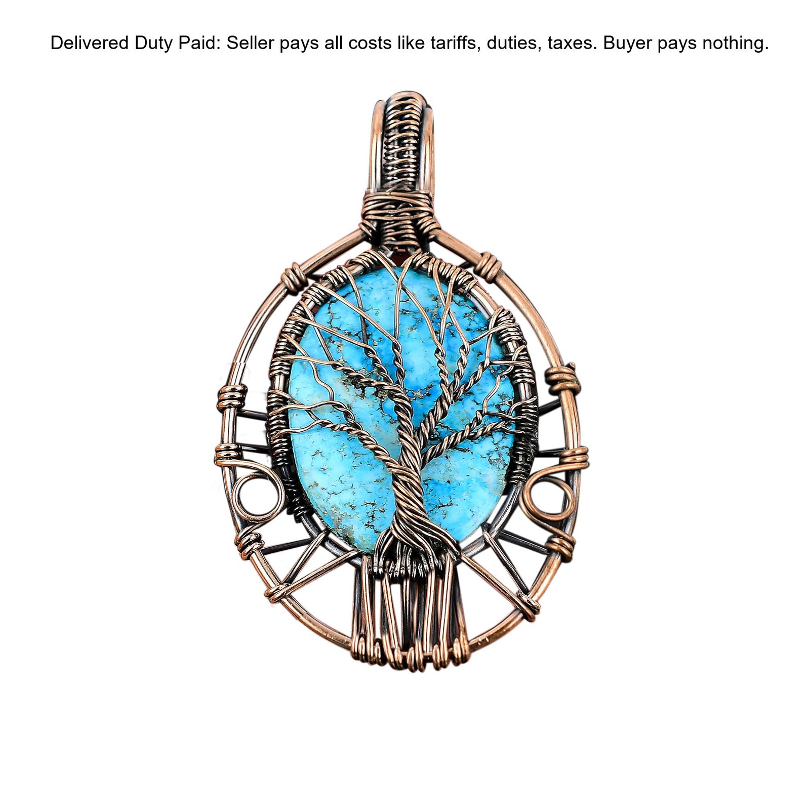 Copper Oval Natural Tibetan Turquoise Artisan Tree Of Life Boho Birthday Pendant
