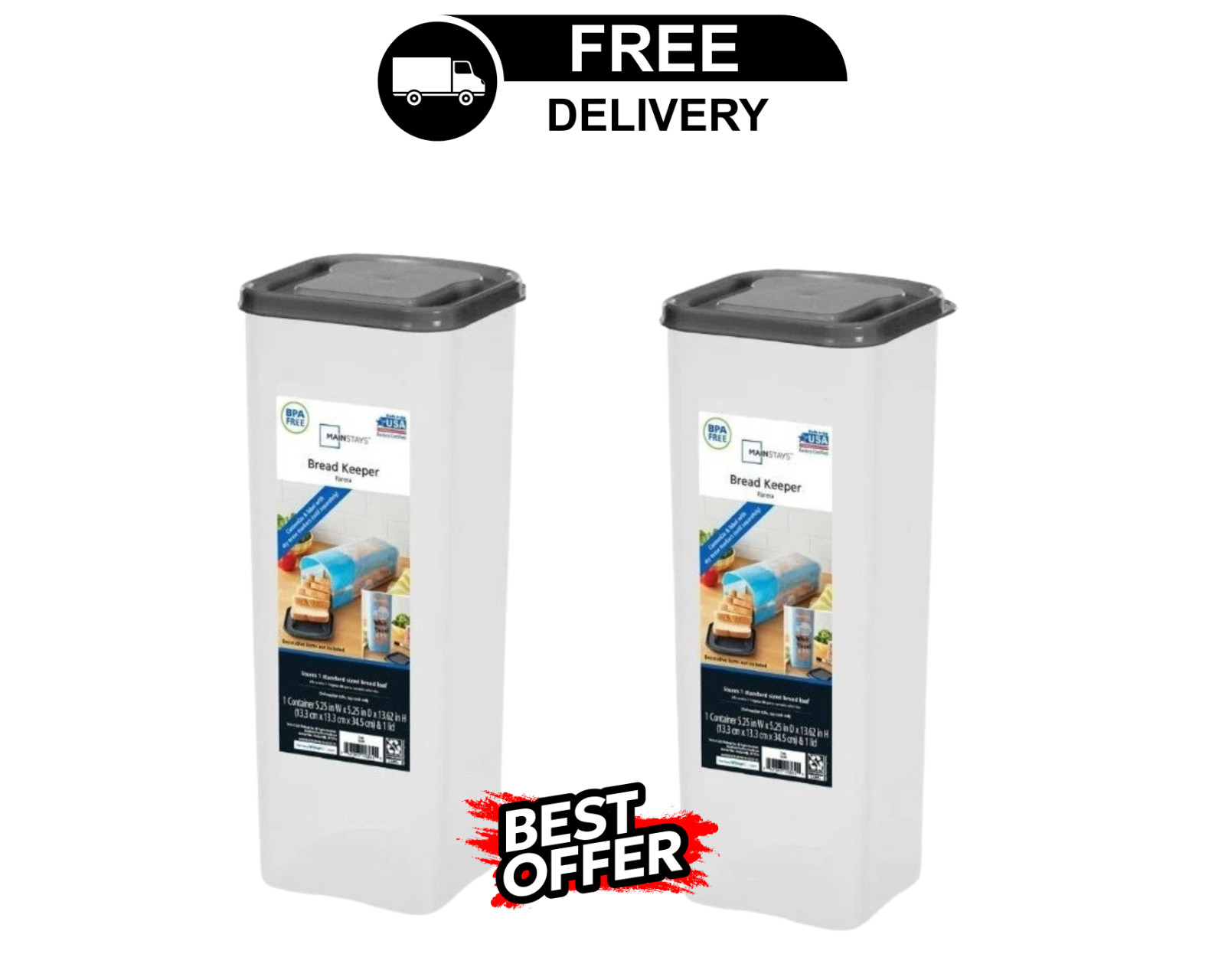 Pack of 2 Bread Storage Container Durable Plastic Single-Loaf Keeper With Lid