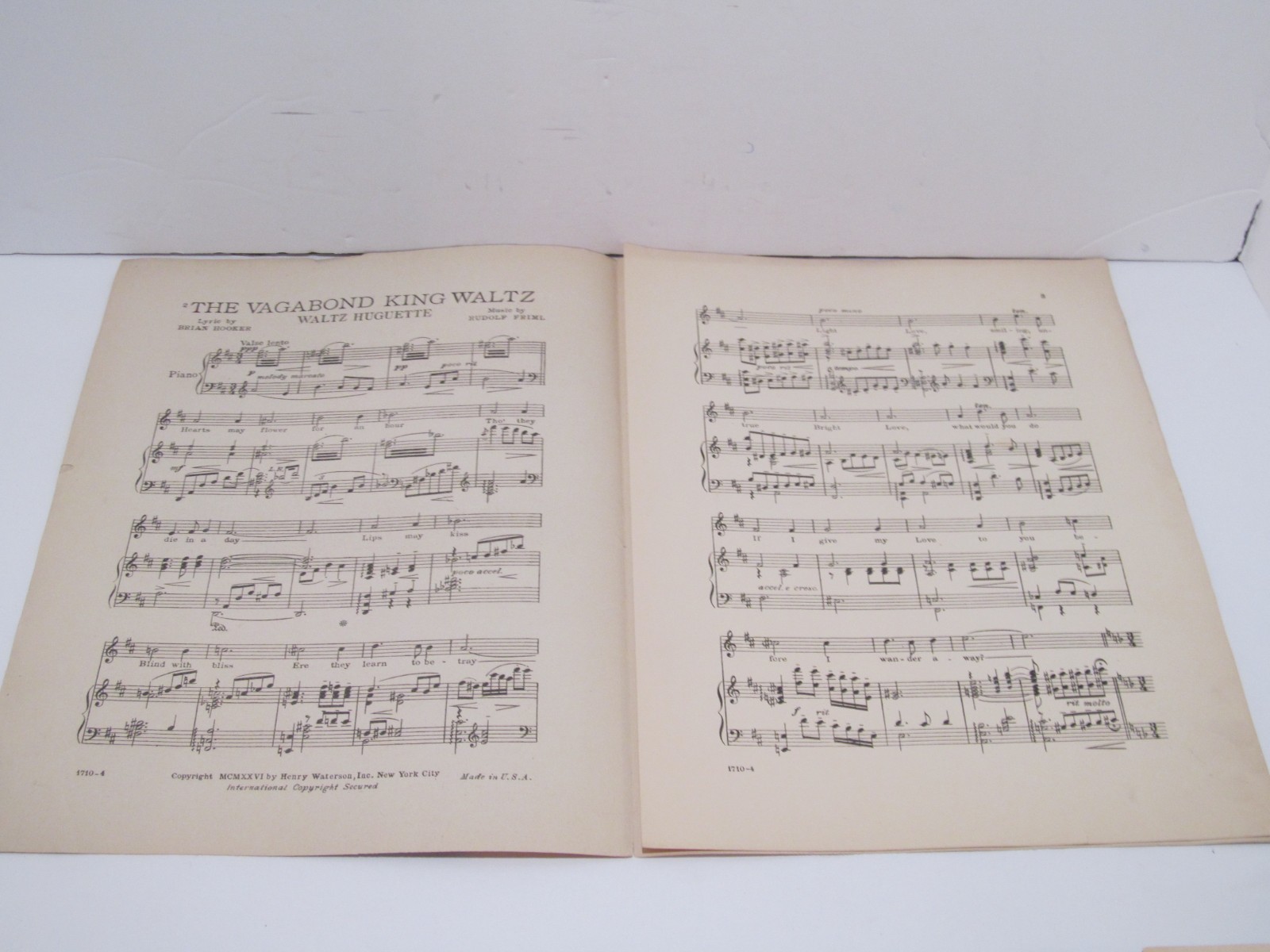 Henry Waterson 1925 The Vagabond King Waltz Huguette Music Sheets 1710-4