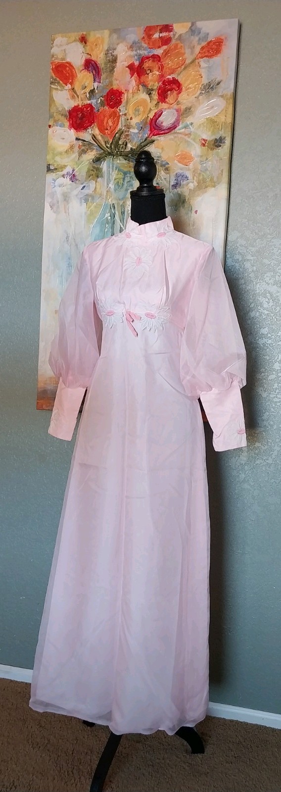 Vtg 70s Pink Chiffon Prairie Maxi Dress Sheer Puff Sleeve Gown Coquette ILGWU Xs