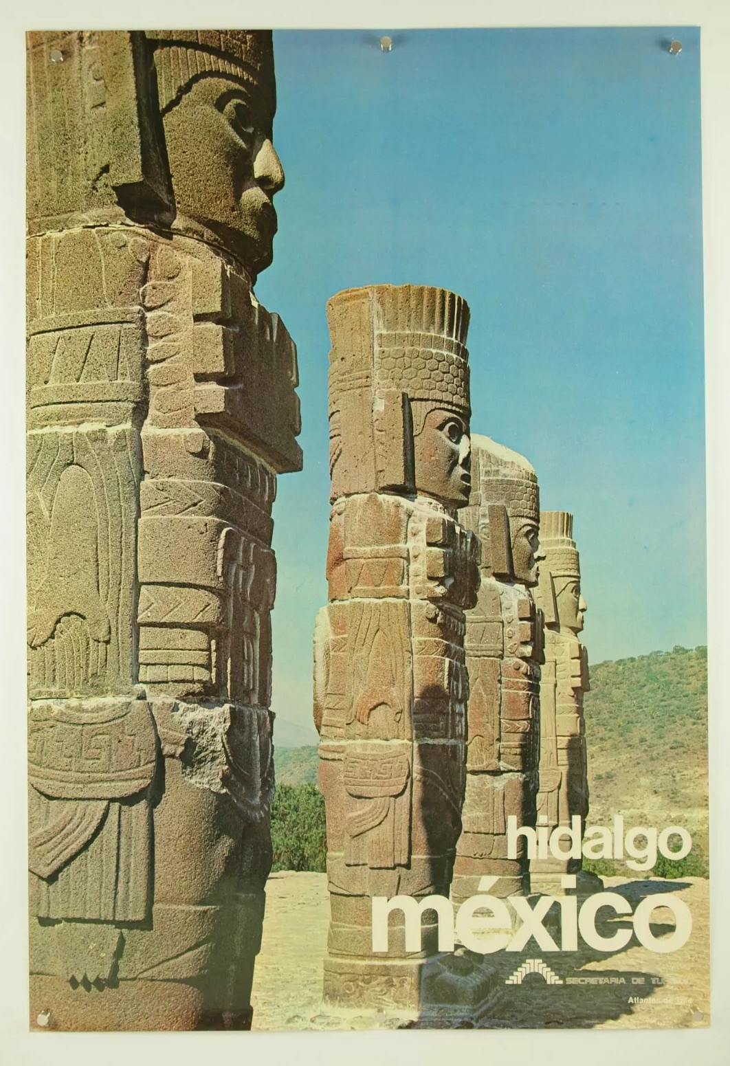 rare 1980s HIDALGO MEXICO MEXICAN travel tourism poster Atlantes de Tula 24x35\