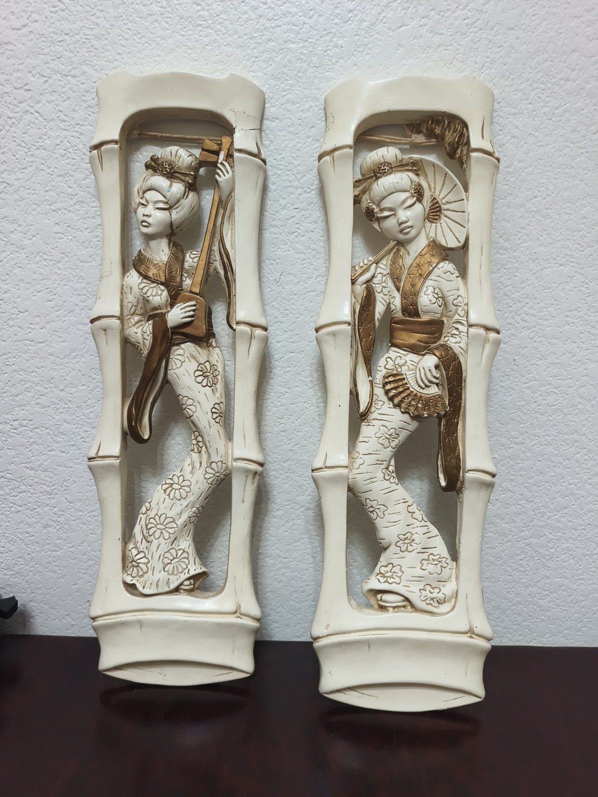 VINTAGE MCM ASIAN CHALKWARE WALL PLAQUES 23 x 6 1/2 VINTAGE MCM ASIAN CHALKWARE WALL PLAQUES 23 x 6 1/2