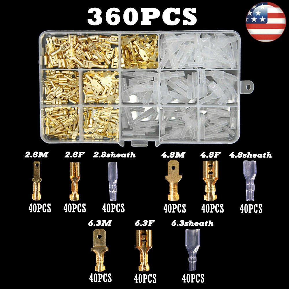 360PCS 2.8/4.8/6.3mm Male Female Spade Terminals Electrical Wire Crimp Connector