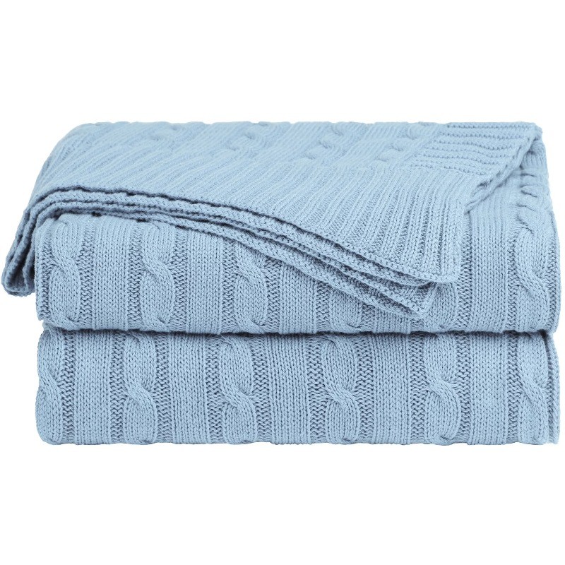 Unique Bargains 100% Cotton Cable Knit Throw Bed Blanket Columbia Blue 51\