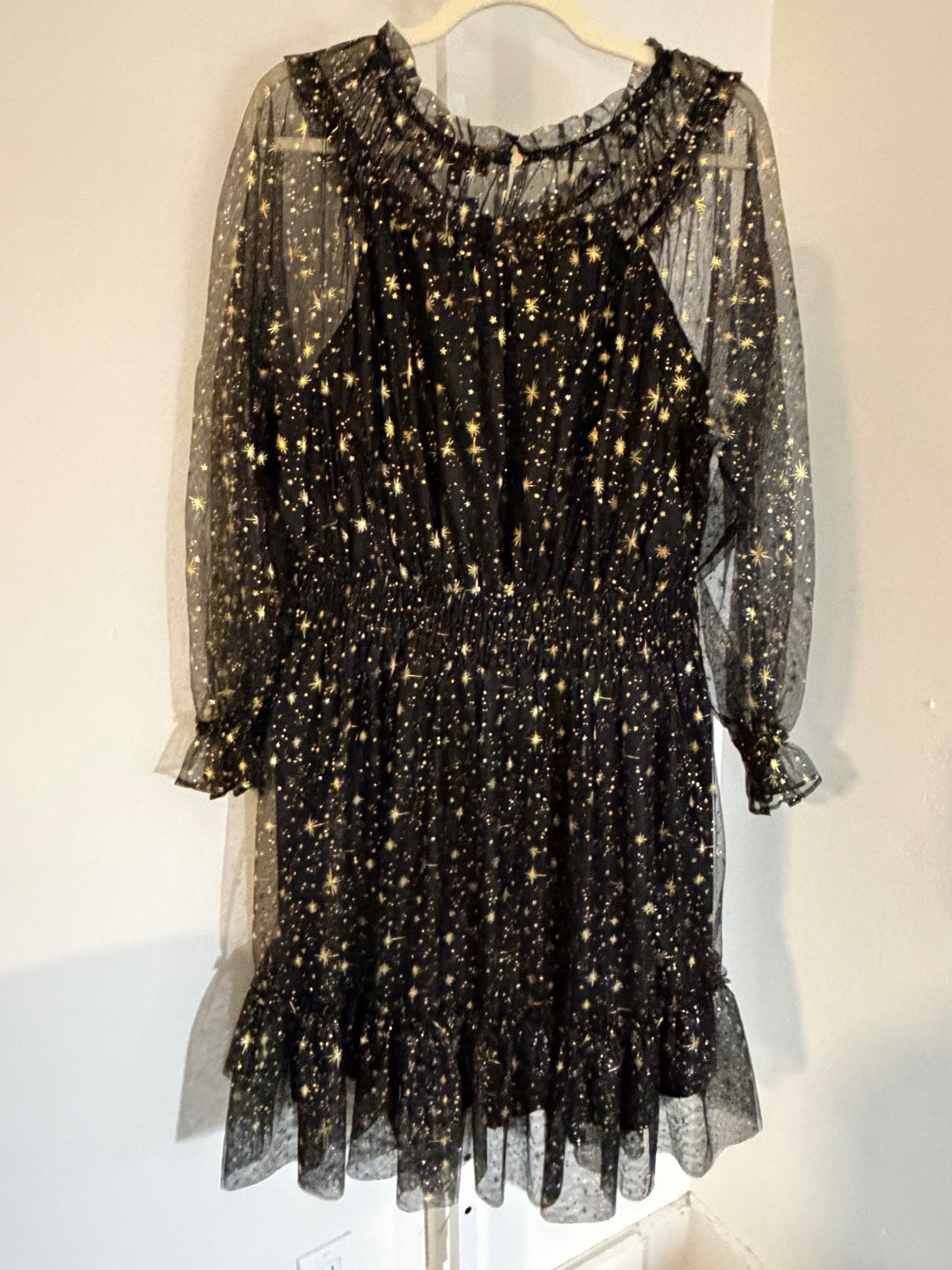 NWT Skies are blue Black Sheer Long Sleeve Dress with Gold Star Print and Ruffle