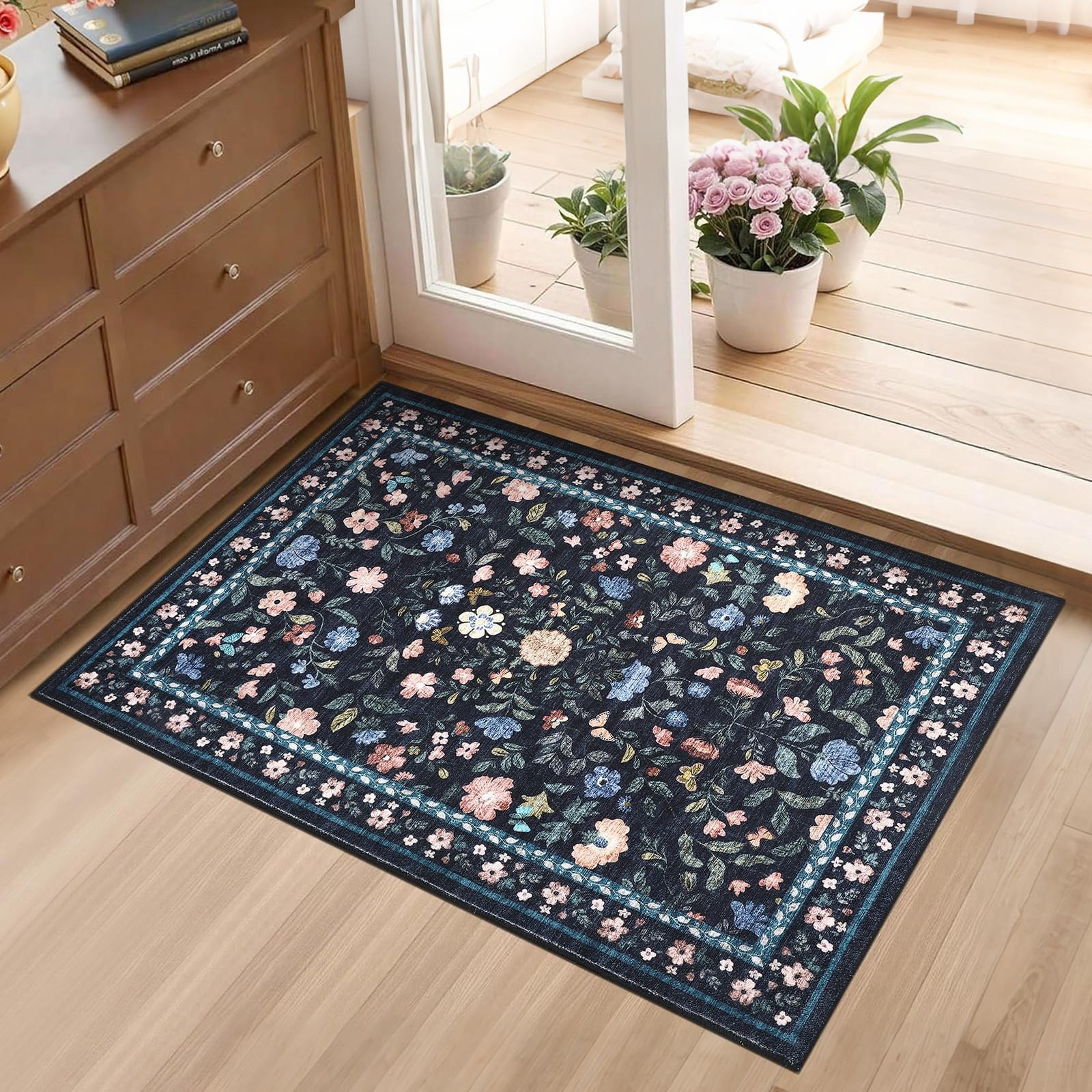 2x3 Washable Floral Rug for Entryway Non-Slip Dark Grey Blue