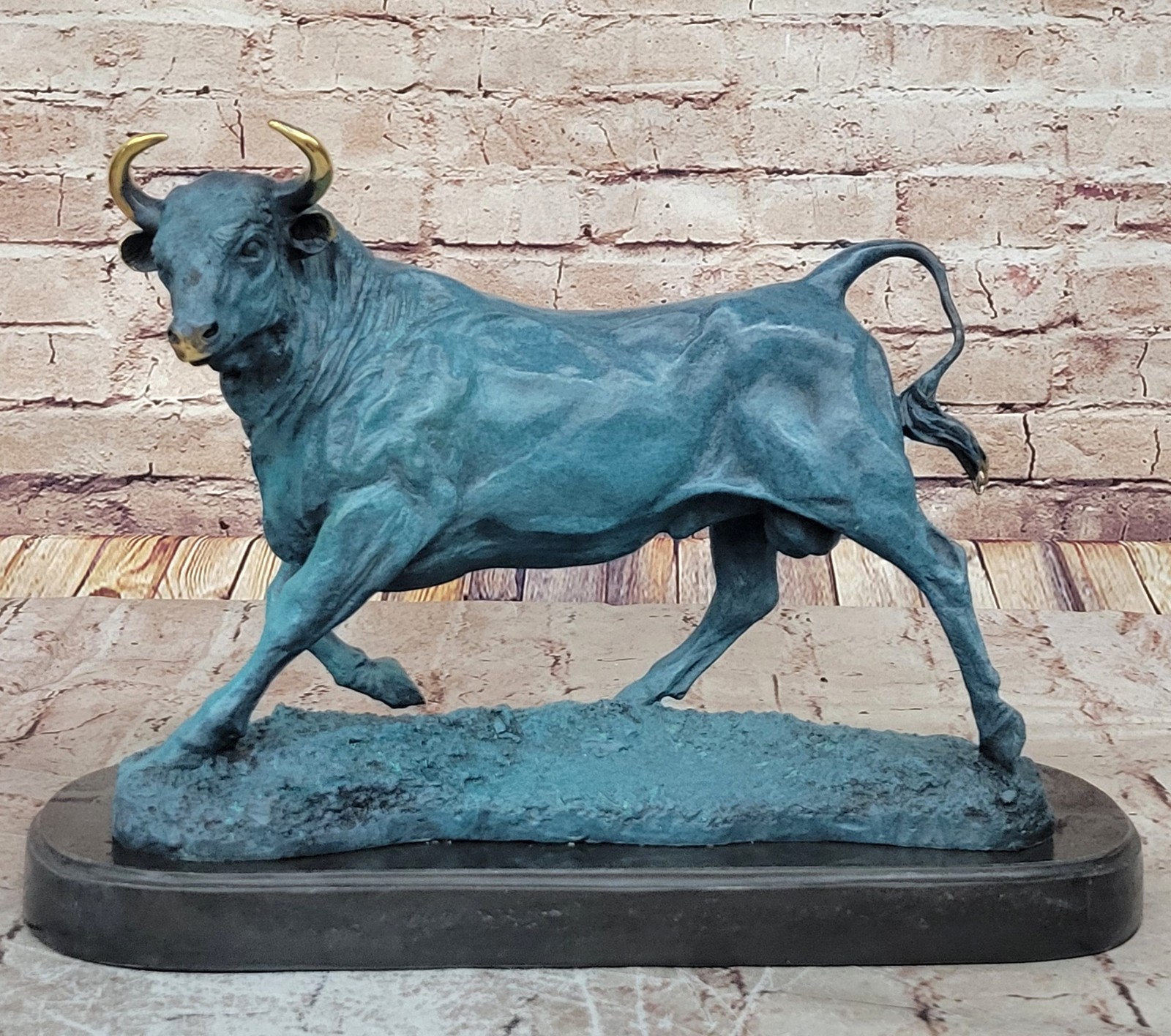Large Green Patina Bull Bronze Marble Base Sculpture Abstract Modern Art Figure