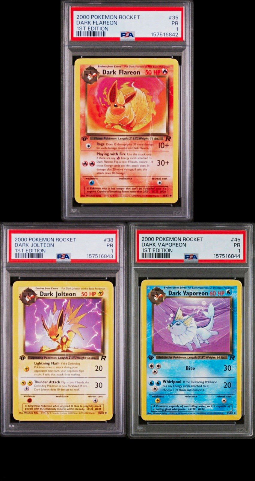 PSA 1 Dark Flareon/Jolteon/ Vaporeon 1st edition Sequential Set Pokémon WoTC PR