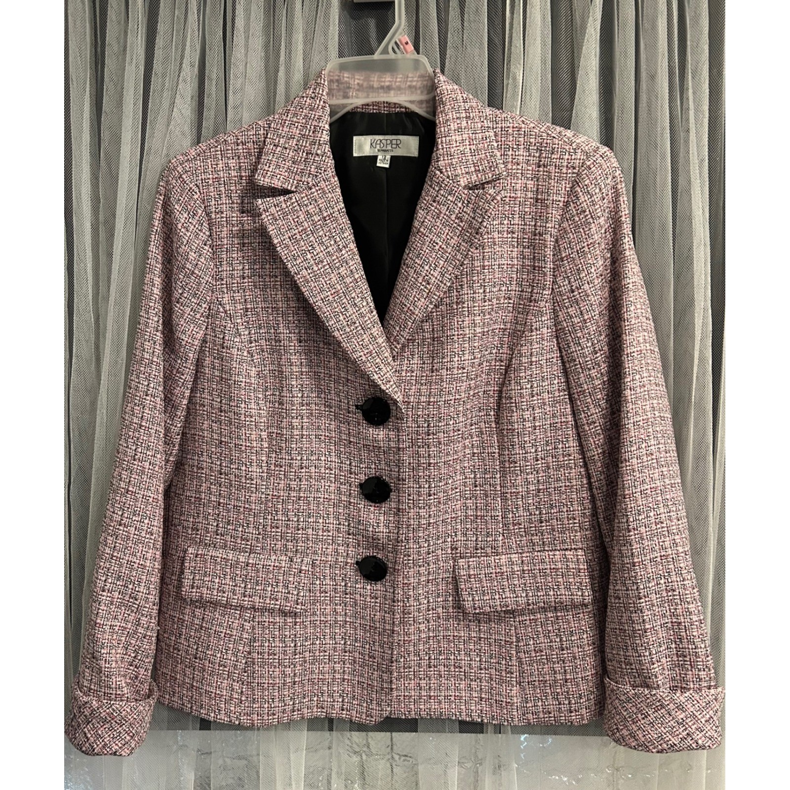 Kasper Separates Pink Black Tweed Blazer Jacket Size 12 Three Button Lined #RS Kasper Separates Pink Black Tweed Blazer Jacket Size 12 Three Button Lined #RS
