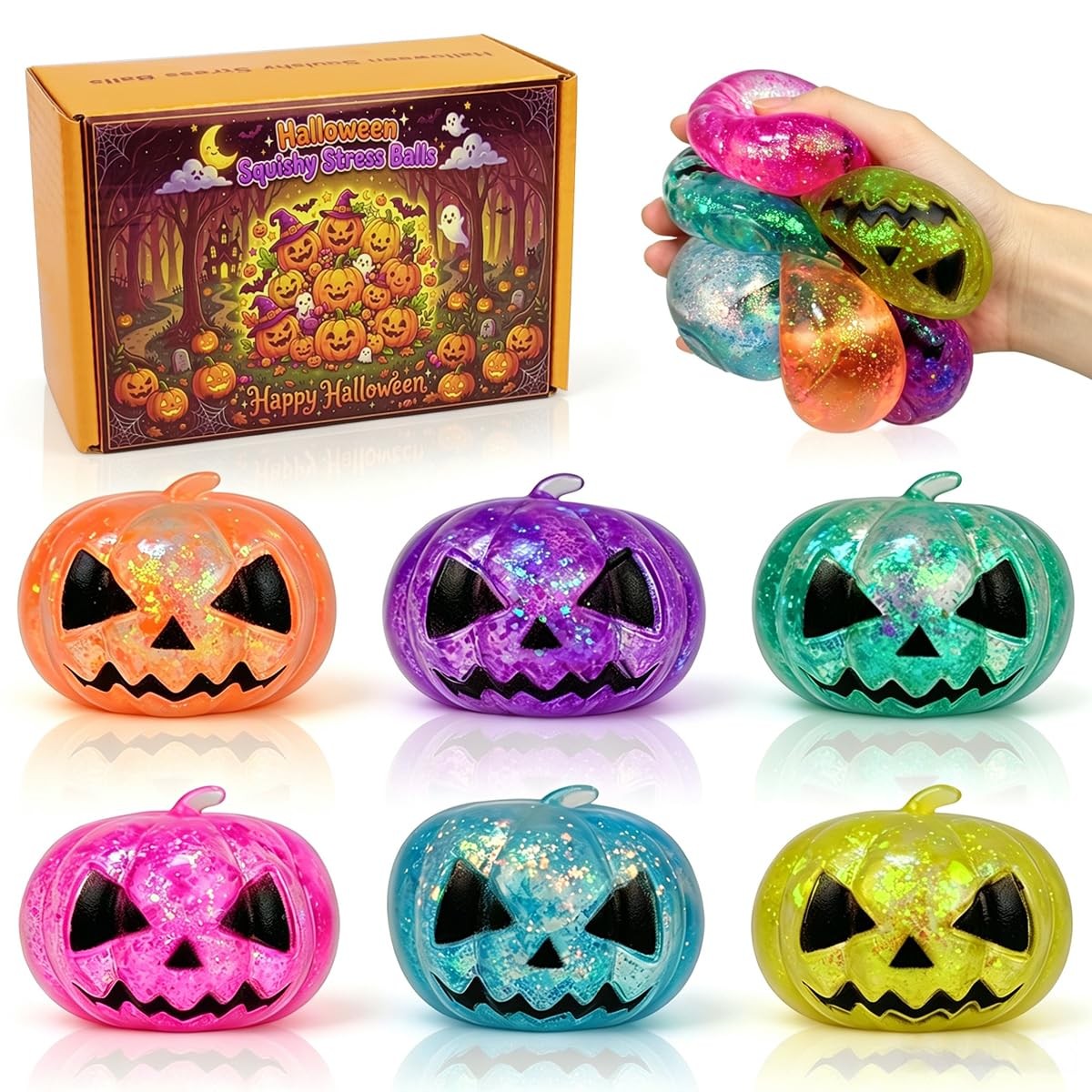 Pinkiwine 6 Pack Halloween Pumpkin Squishy Stress Balls Toys