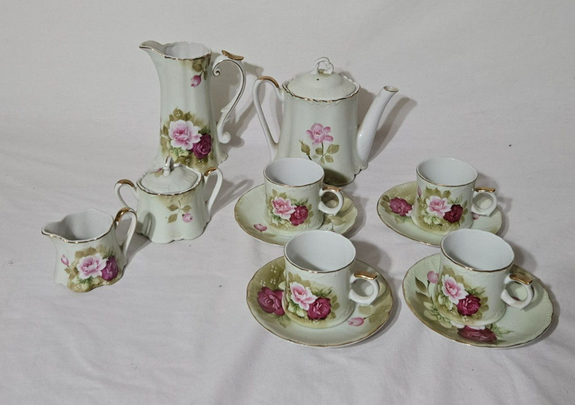 Vtg Norcrest Fine China Tea Coffee Set TA-52 Green Pink Cabbage Rose Gold 12pc Vtg Norcrest Fine China Tea Coffee Set TA-52 Green Pink Cabbage Rose Gold 12pc