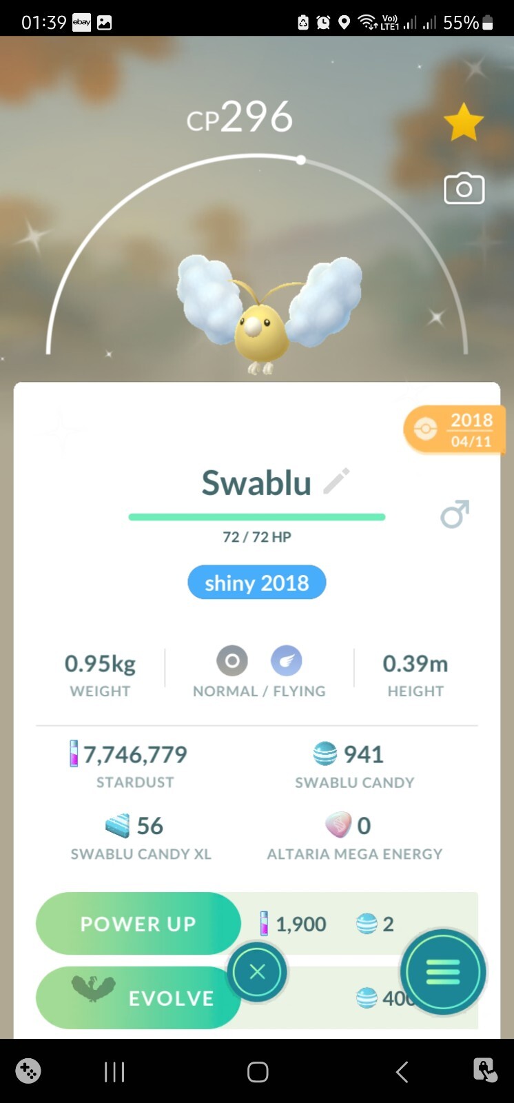 Shiny Swablu ( Caught In 2018 ) Pokemon Tr@de Go