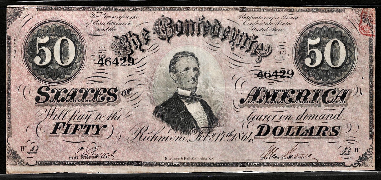 1864 CSA Confederate States of America $50 Obsolete Banknote T-66 PF-2 Cr. 496