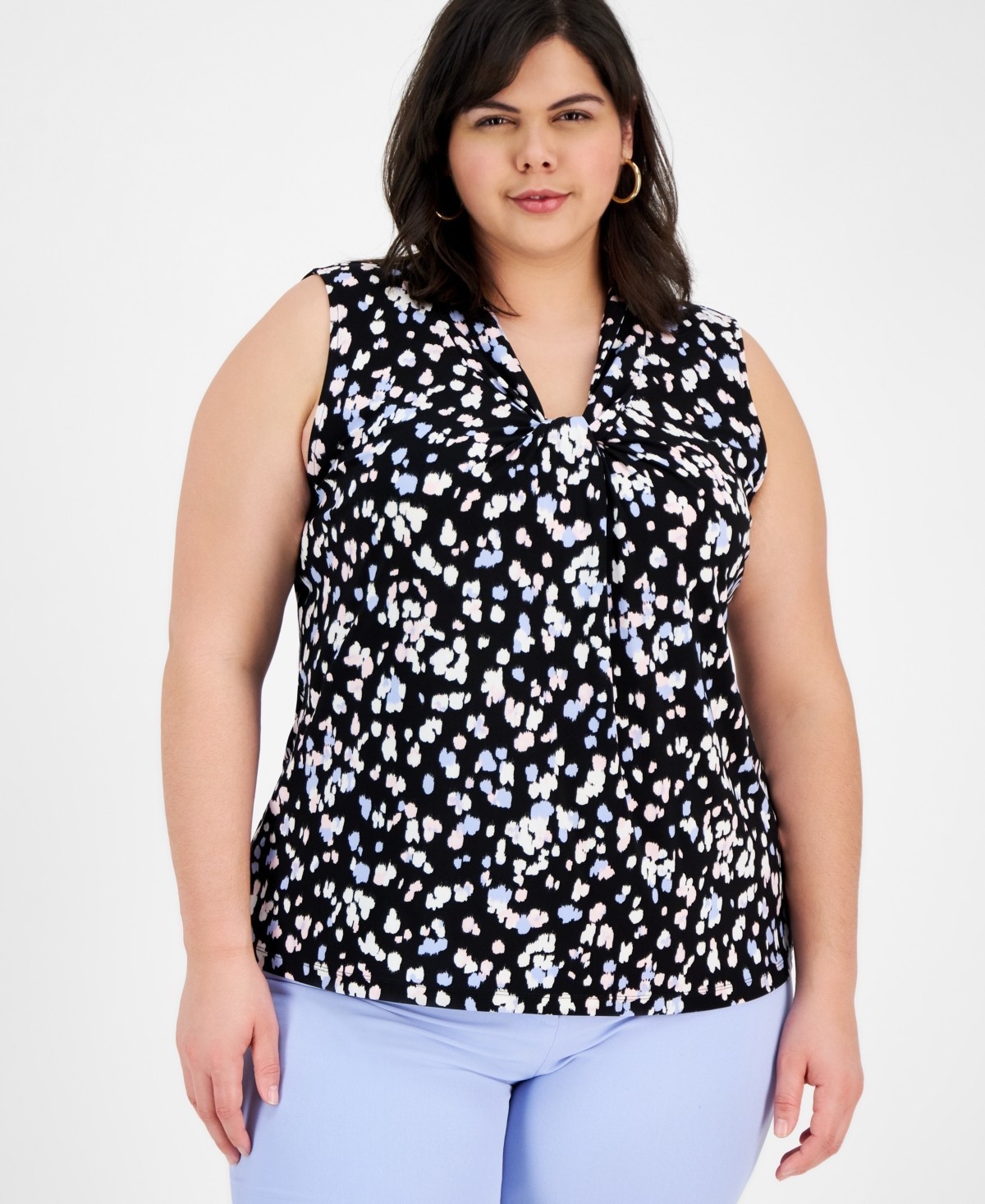 Kasper Plus Size Sleeveless Printed Knot-Front Tank Women\'s 1X Black Multicolor