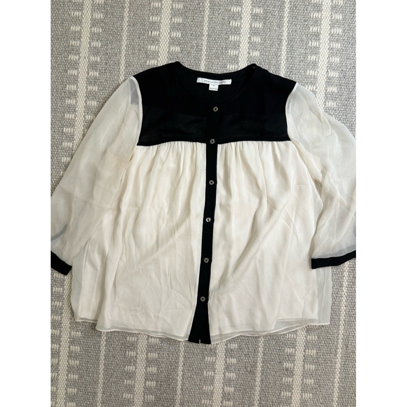 Diane von Furstenberg Silk Sheer Contrast Button Front Blouse - Black & Cream
