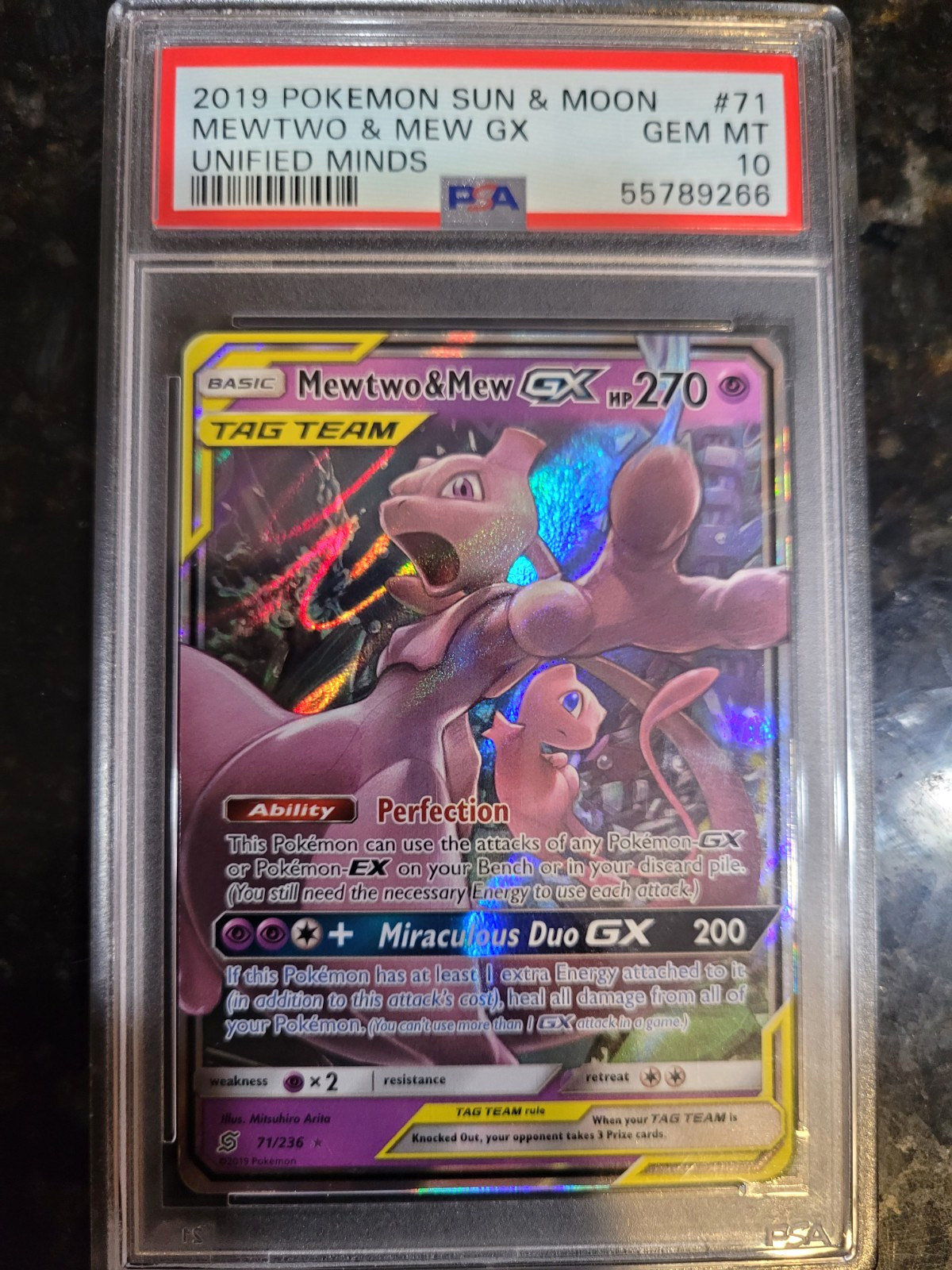 2019 Pokemon Sun & Moon Unified Minds #71 Mewtwo & Mew GX PSA 10 GEM MINT 2019 Pokemon Sun & Moon Unified Minds #71 Mewtwo & Mew GX PSA 10 GEM MINT