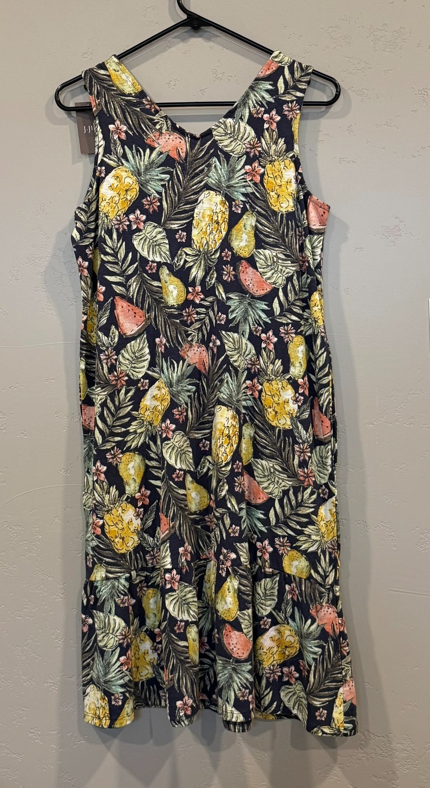 J.Jill Tropical Fruit Dress XS Navy Pineapple Ruffle Hem Pockets NWT $79