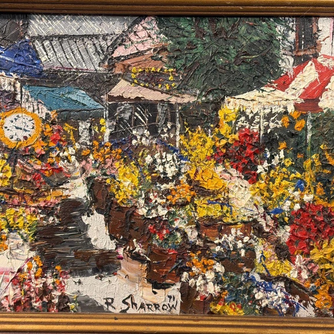 Vintage 1971 Original Impasto Oil Painting, Framed Mid-Century Flower Market