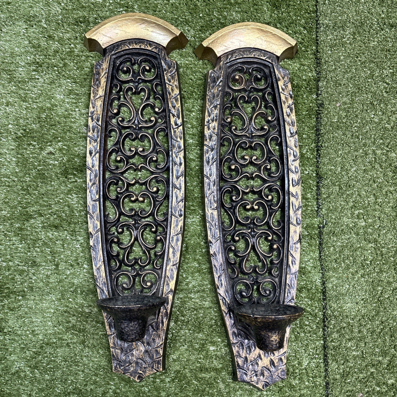 Pair of Vintage Sexton mid-century cast metal wall candle sconces. 1968 USA