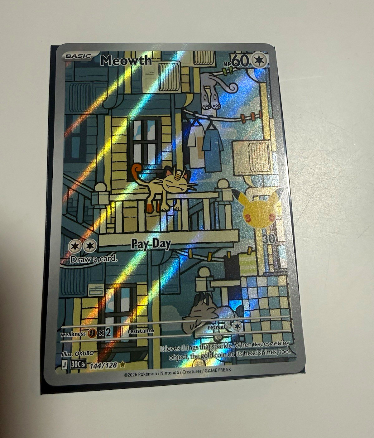 The Pokémon Company Meowth 144/128 Illustration Rare Holo Full Art 30th The Pokémon Company Meowth 144/128 Illustration Rare Holo Full Art 30th