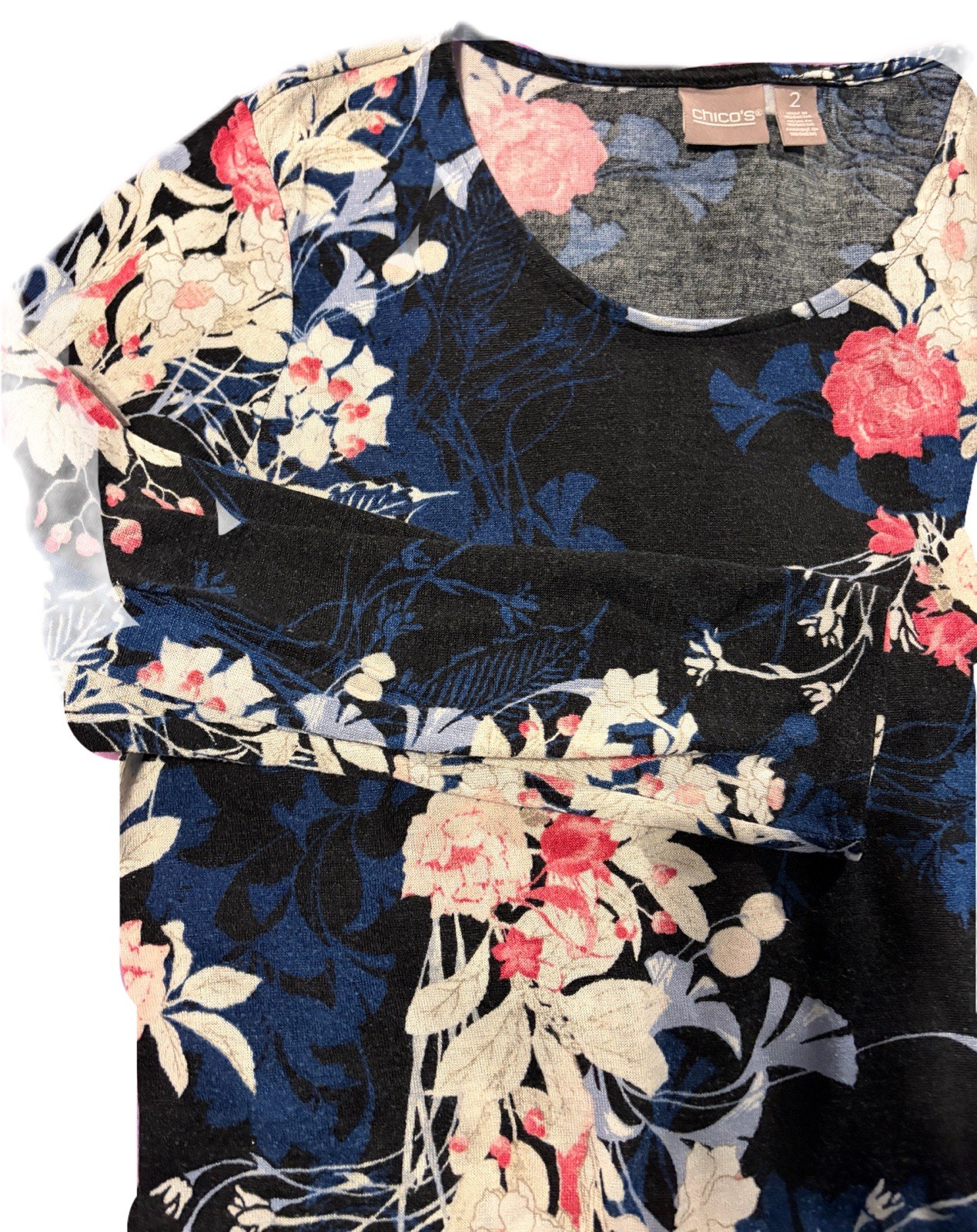 Chico\'s Floral Print Top Blouse Size 2 US 12 Large Black Pink Blue Long Sleeve