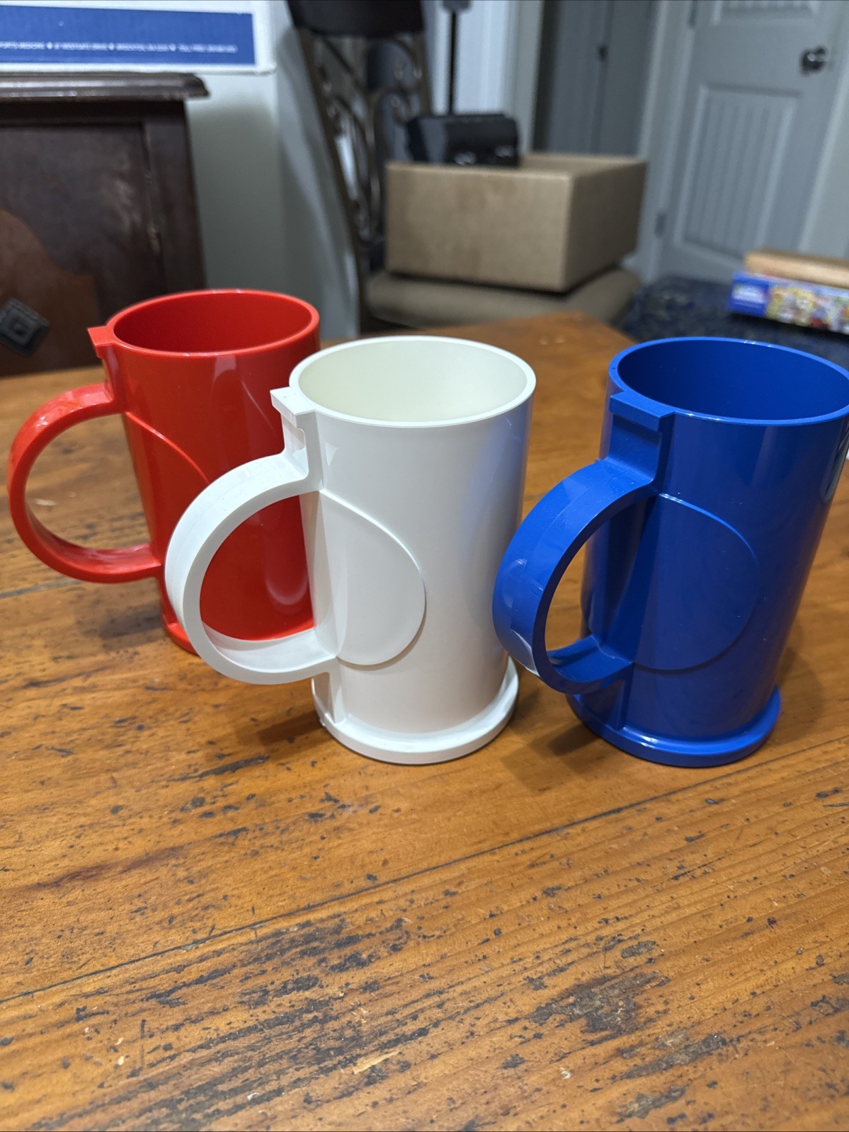 Dansk Vintage MCM Gunnar Cyren Design Melamine Mugs, White, Blue, Red - Set of 3 Dansk Vintage MCM Gunnar Cyren Design Melamine Mugs, White, Blue, Red - Set of 3