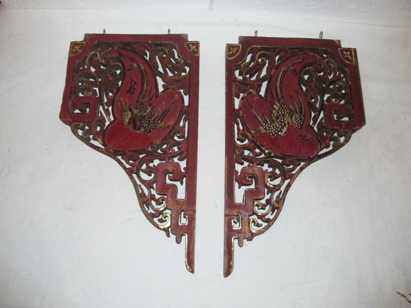 Antique Pair Carved Wood Corbels Panels Brackets Phoenix Bird Salvage 15\