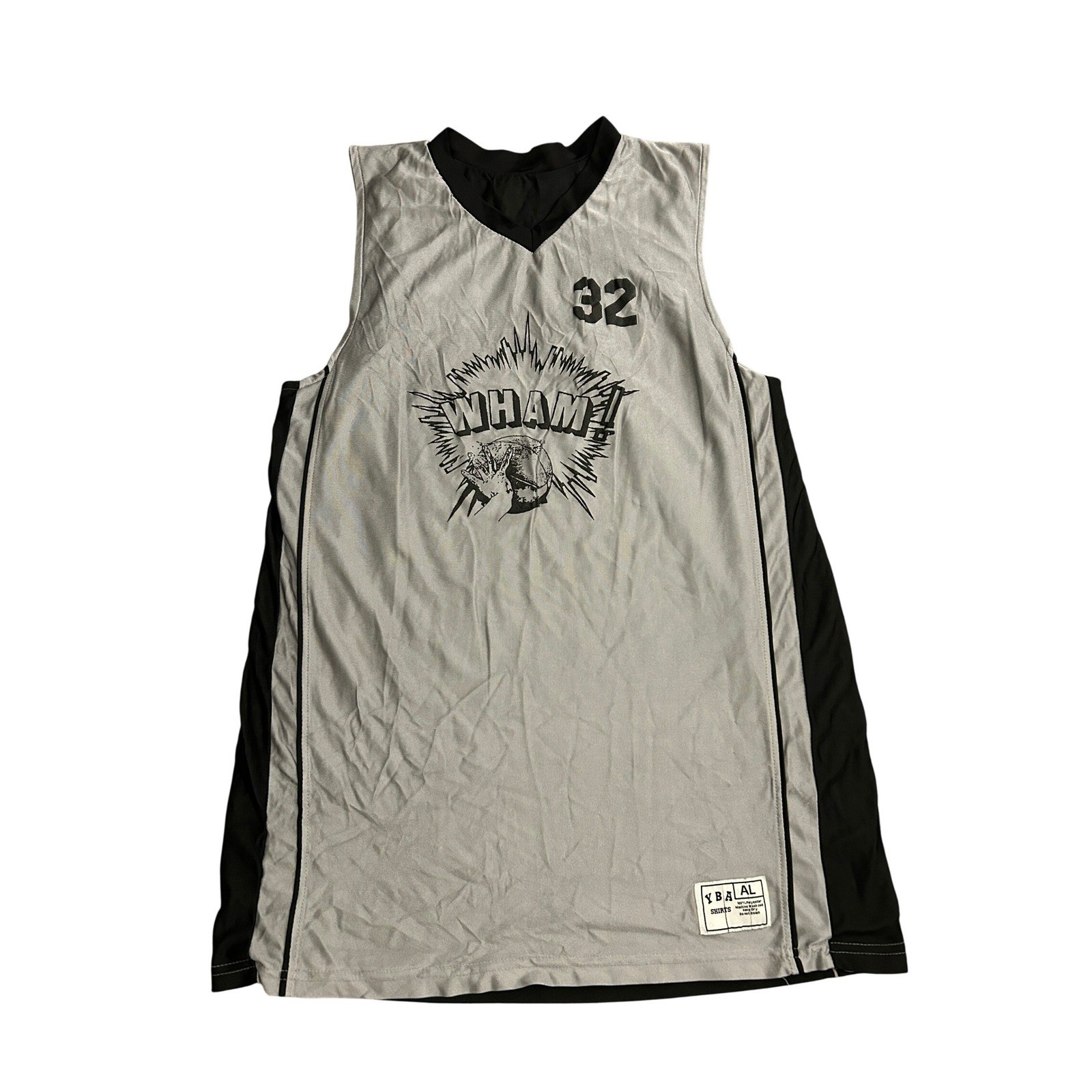 YBA Basketball Jersey Mens Large Grey Black Excellent WHAM Graphic Number 32