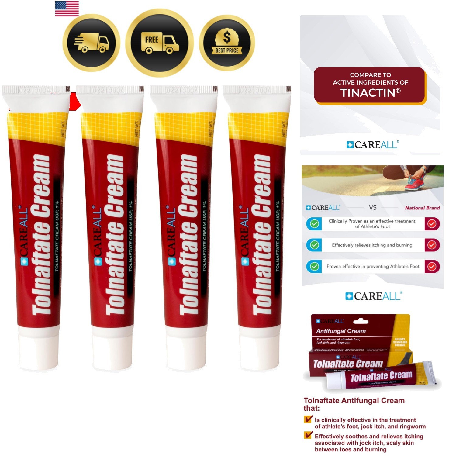 Tolnaftate Cream USP 1%, 1.0 oz. Tube 4 Pack, Effective Antifungal Treatment ...